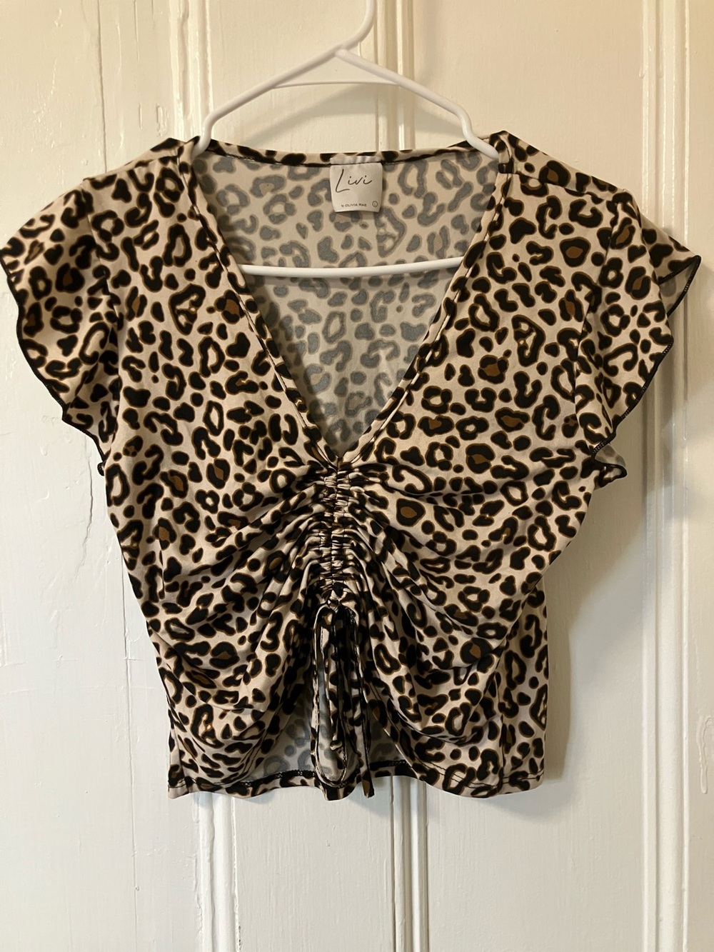 Leopard Ruched V-Neck Crop Top - Cream & Black
